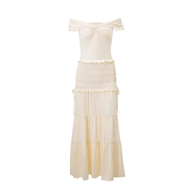 MWM | Amalfi Ruffle Elegant Co ord Set – Off Shoulder Crop Top & Maxi Skirt