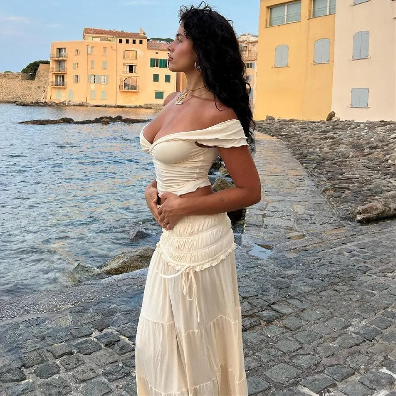 MWM | Amalfi Ruffle Elegant Co ord Set – Off Shoulder Crop Top & Maxi Skirt