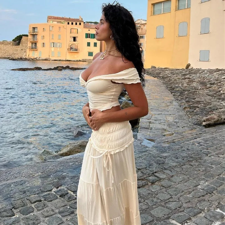 MWM | Amalfi Ruffle Elegant Co ord Set – Off Shoulder Crop Top & Maxi Skirt