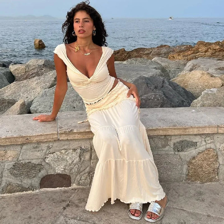 MWM | Amalfi Ruffle Elegant Co ord Set – Off Shoulder Crop Top & Maxi Skirt