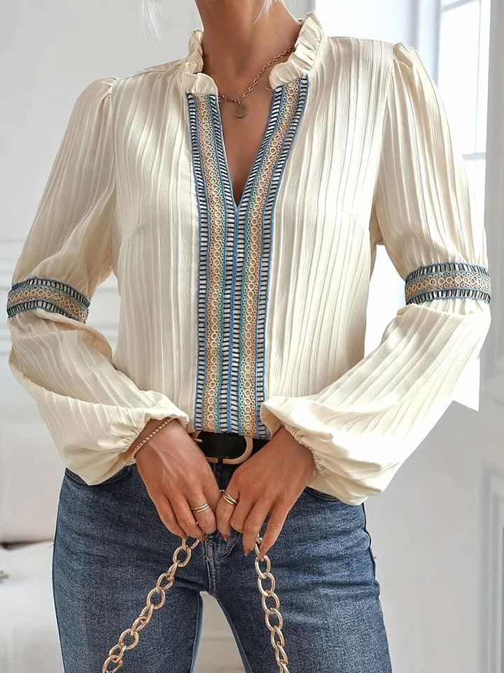 MWM | Boho Embroidered Pleated Blouse – Ivory Dream