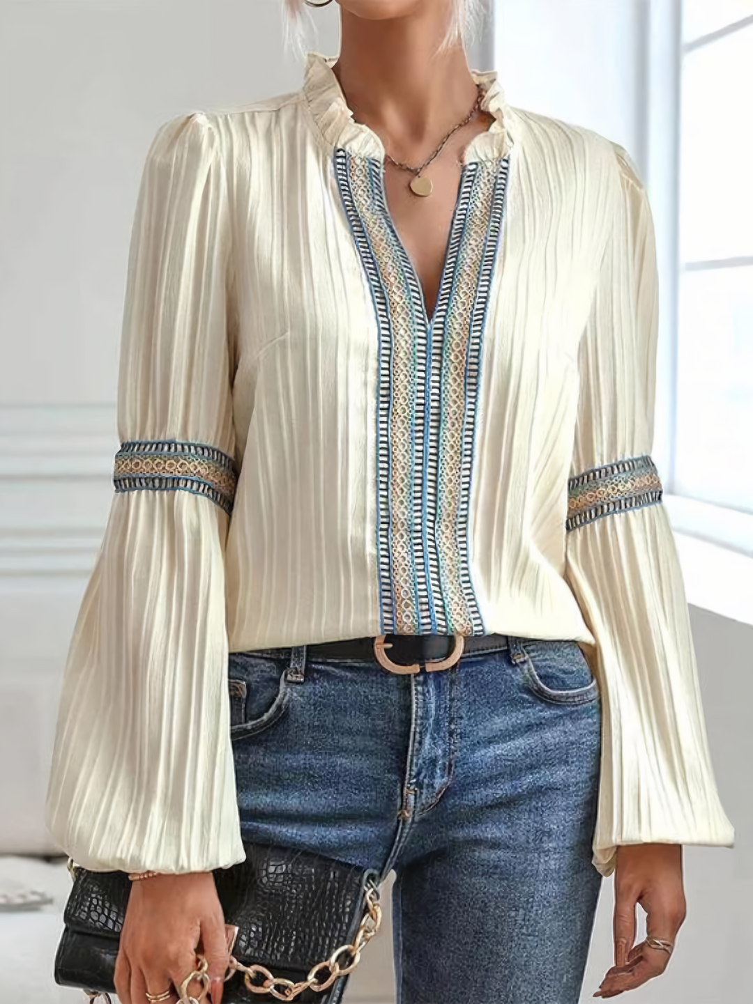 MWM | Boho Embroidered Pleated Blouse – Ivory Dream