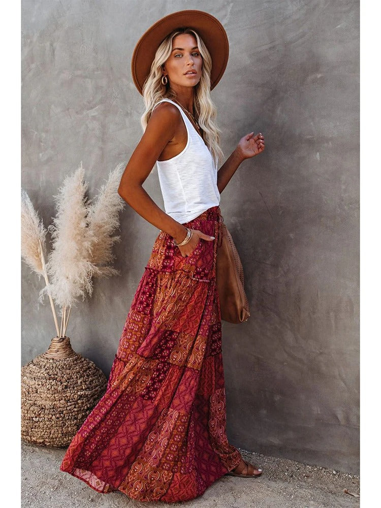 MWM | Maya Boho Patchwork Maxi Skirt – High Waist