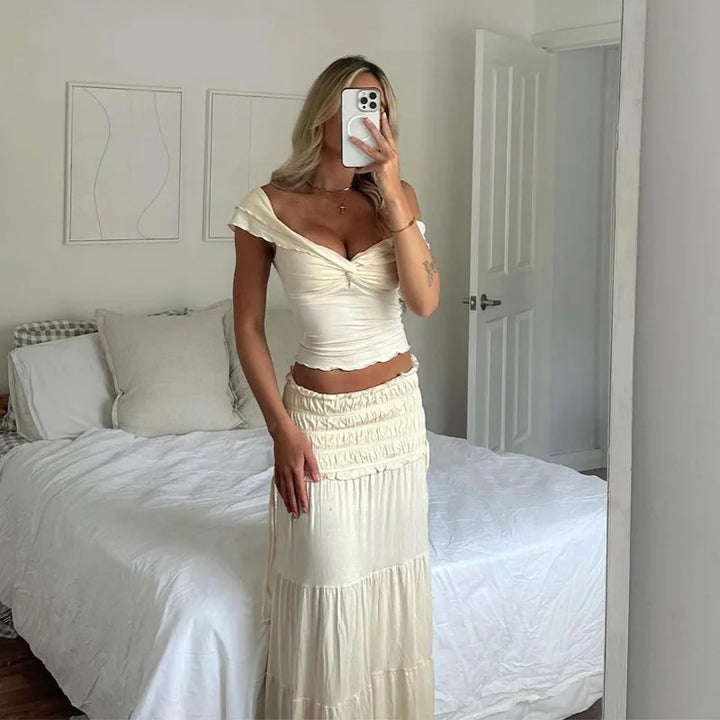MWM | Amalfi Ruffle Elegant Co ord Set – Off Shoulder Crop Top & Maxi Skirt
