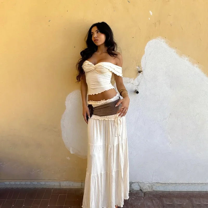 MWM | Amalfi Ruffle Elegant Co ord Set – Off Shoulder Crop Top & Maxi Skirt