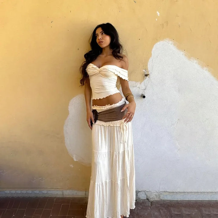 MWM | Amalfi Ruffle Elegant Co ord Set – Off Shoulder Crop Top & Maxi Skirt