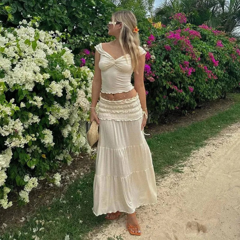 MWM | Amalfi Ruffle Elegant Co ord Set – Off Shoulder Crop Top & Maxi Skirt