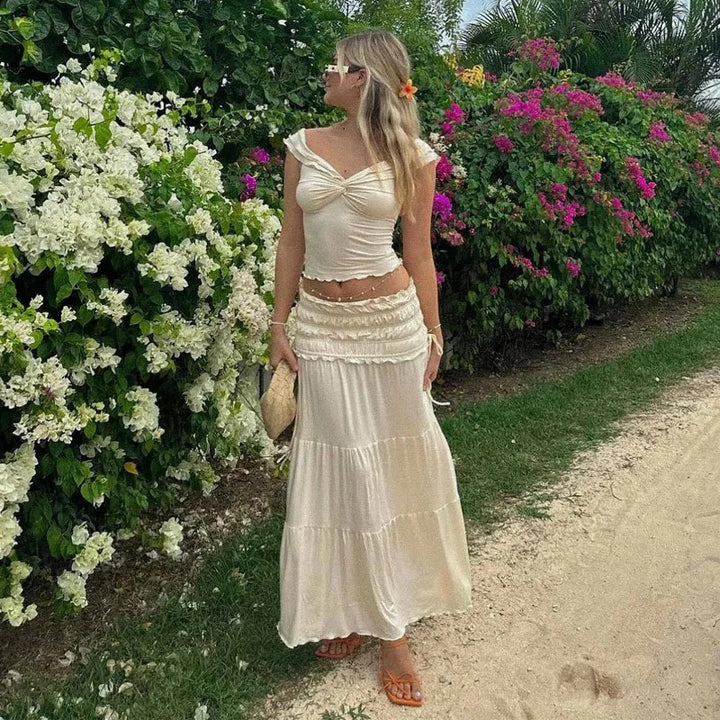 MWM | Amalfi Ruffle Elegant Co ord Set – Off Shoulder Crop Top & Maxi Skirt