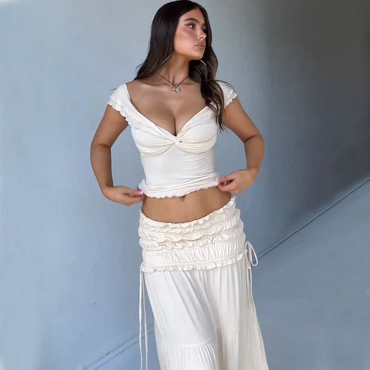 MWM | Amalfi Ruffle Elegant Co ord Set – Off Shoulder Crop Top & Maxi Skirt