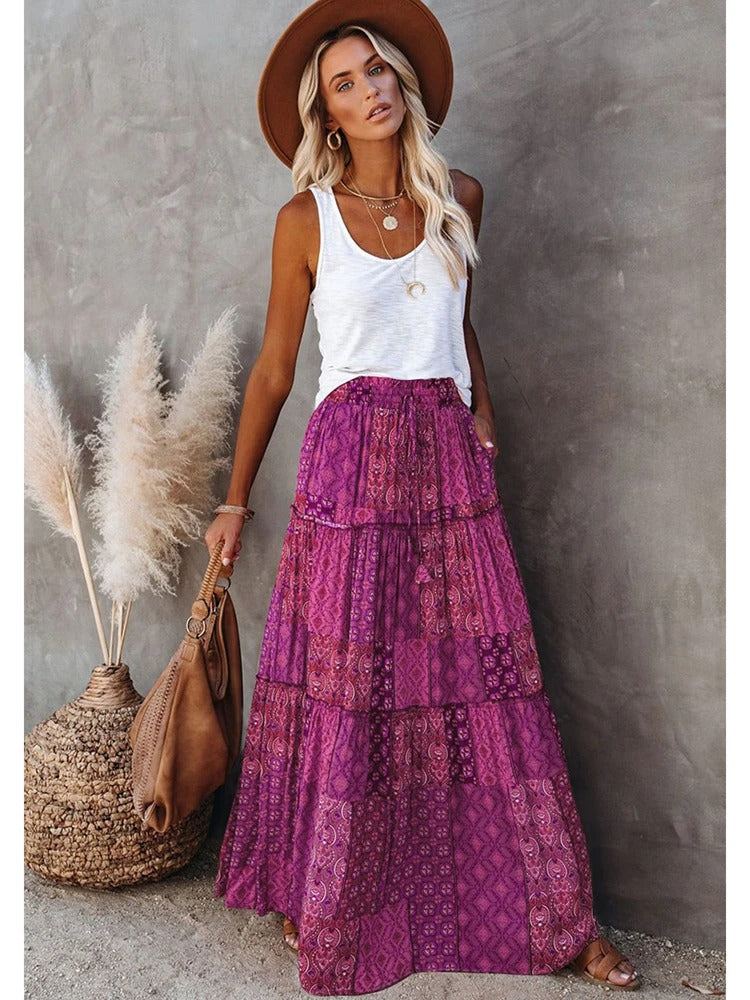 MWM | Maya Boho Patchwork Maxi Skirt – High Waist