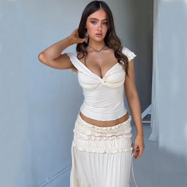 MWM | Amalfi Ruffle Elegant Co ord Set – Off Shoulder Crop Top & Maxi Skirt