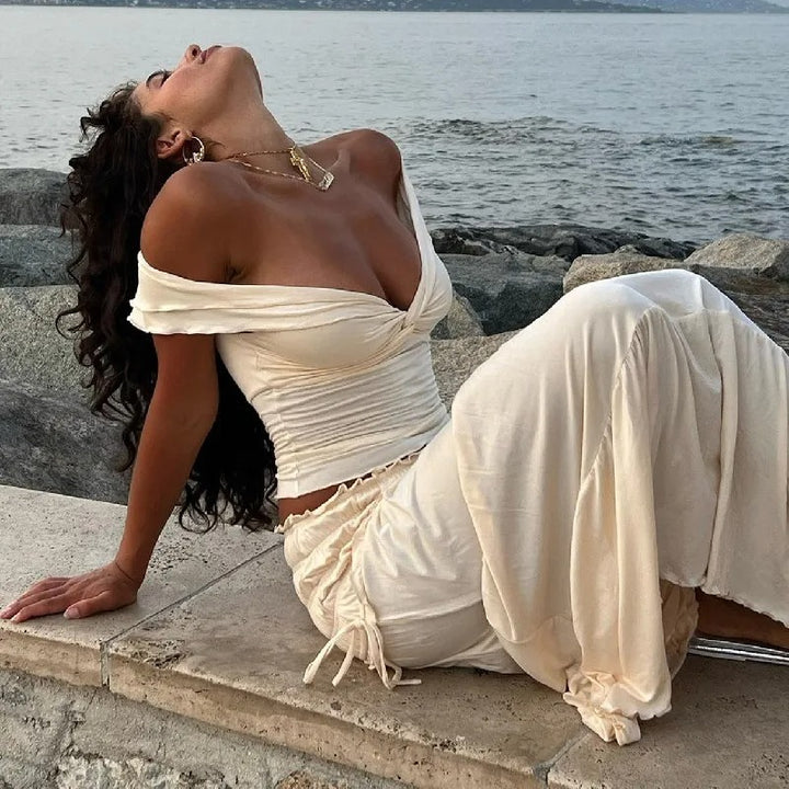 MWM | Amalfi Ruffle Elegant Co ord Set – Off Shoulder Crop Top & Maxi Skirt