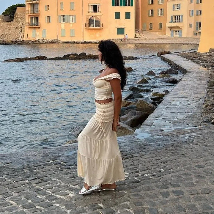 MWM | Amalfi Ruffle Elegant Co ord Set – Off Shoulder Crop Top & Maxi Skirt