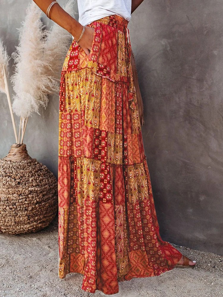 MWM | Maya Boho Patchwork Maxi Skirt – High Waist