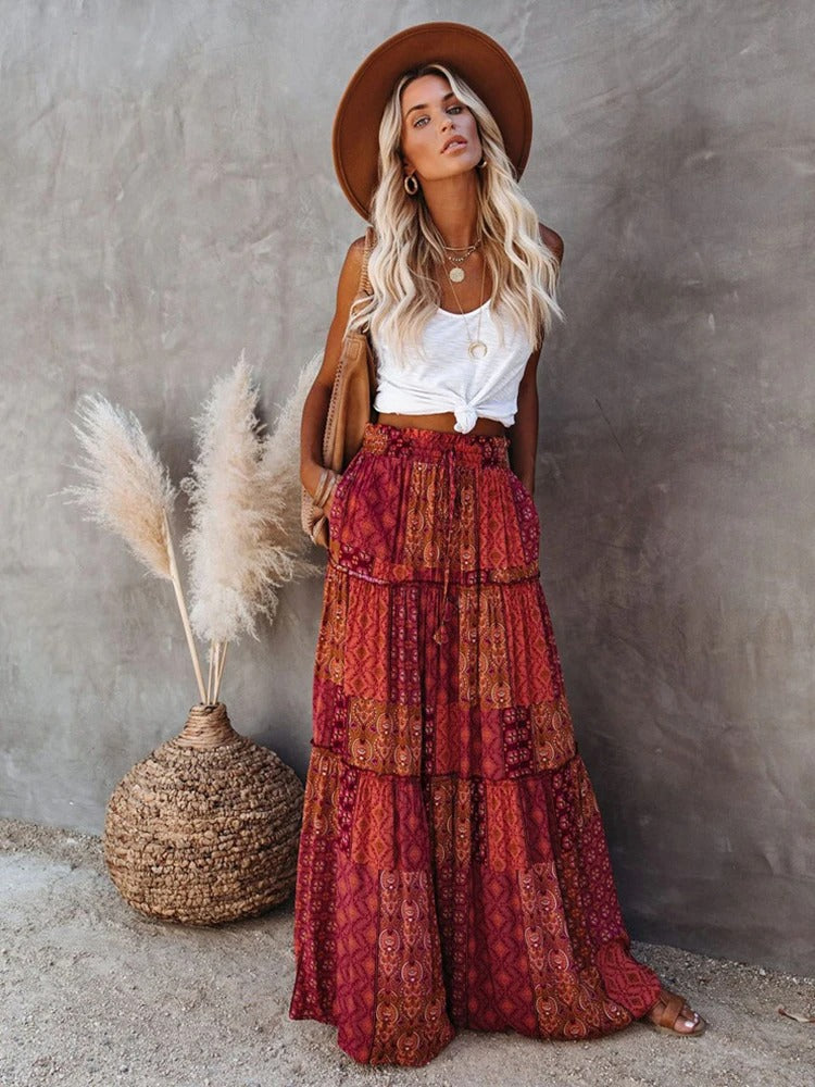 MWM | Maya Boho Patchwork Maxi Skirt – High Waist
