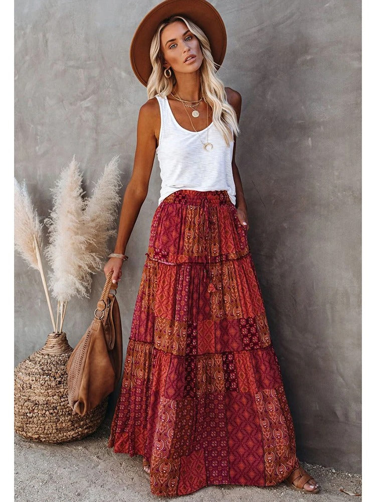 MWM | Maya Boho Patchwork Maxi Skirt – High Waist