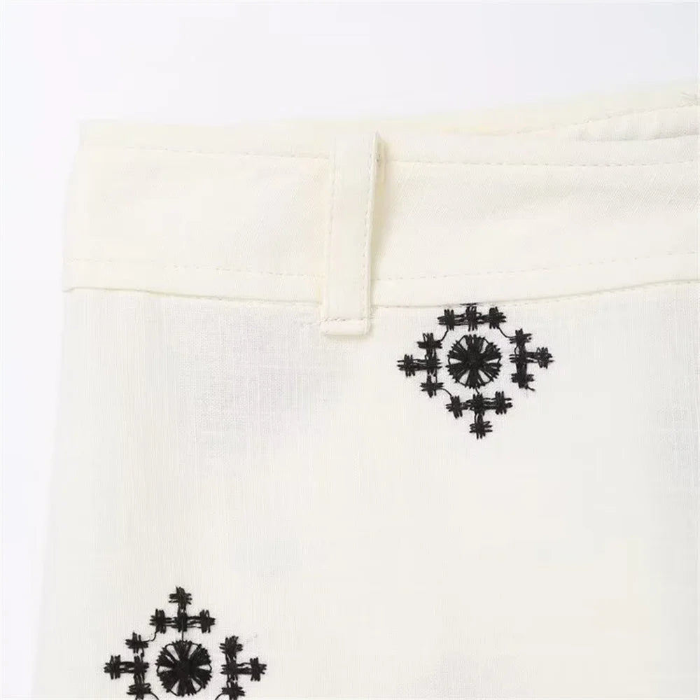 Embroidered Slim Linen Trousers in Lightweight Summer Style