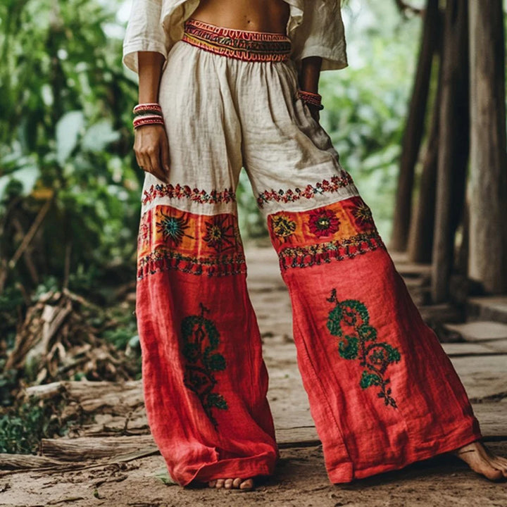 High Waist Cotton Floral Trousers in Wide-Leg Boho Style