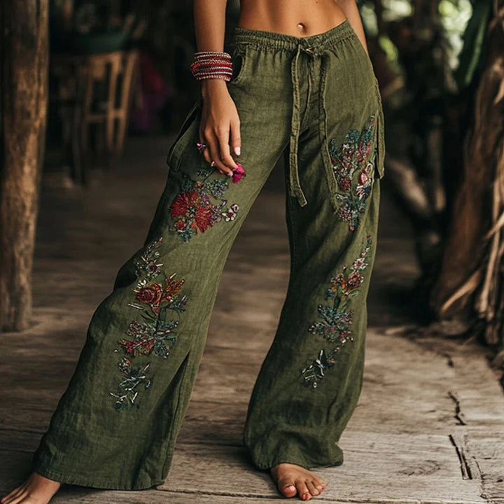 High Waist Cotton Floral Trousers in Wide-Leg Boho Style