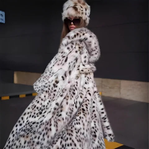 Long Faux Fur Coat – White with Black Spots Hooded Winter Jacket