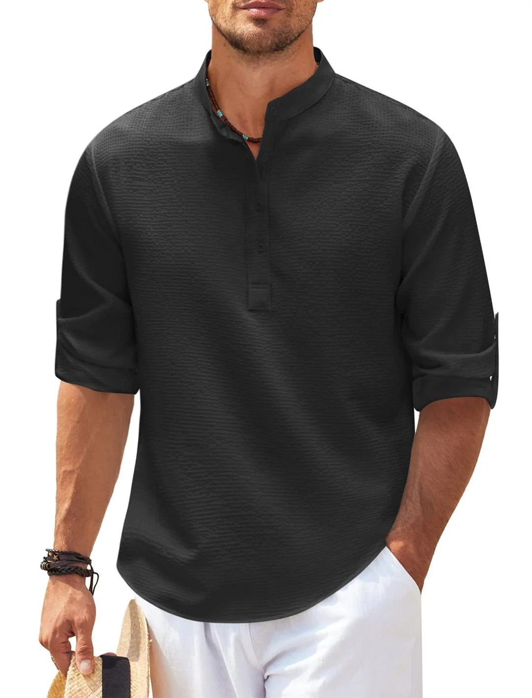 Men's Linen Sleeve Shirt – Casual Grandad Collar Top