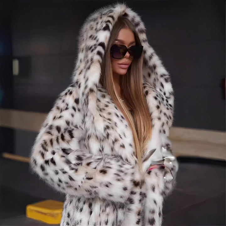 Long Faux Fur Coat – White with Black Spots Hooded Winter Jacket