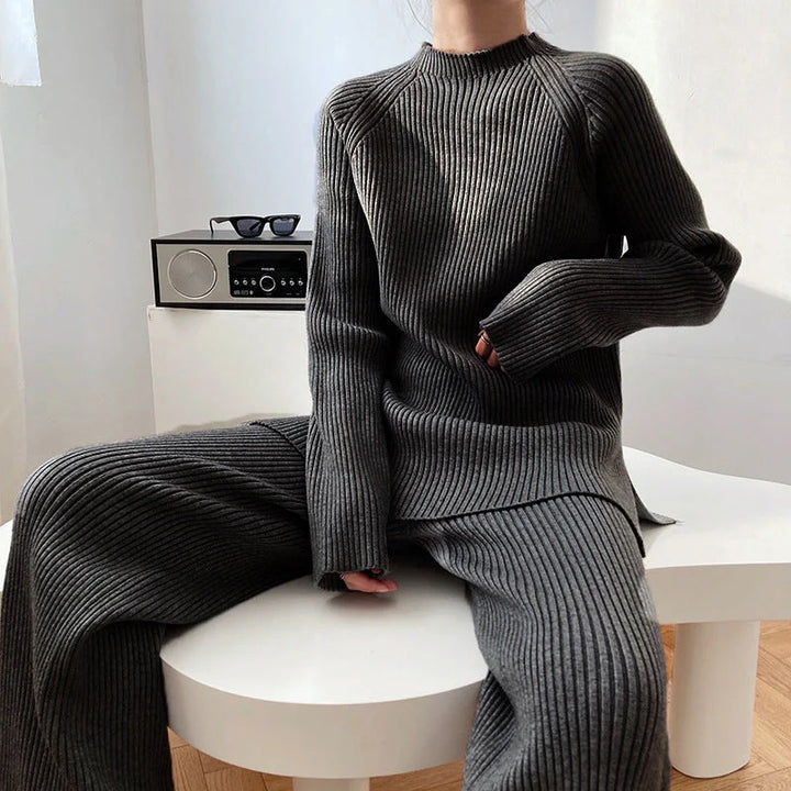 Ribbed Loungewear Set – Long Sleeve Top and Wide Leg Trousers