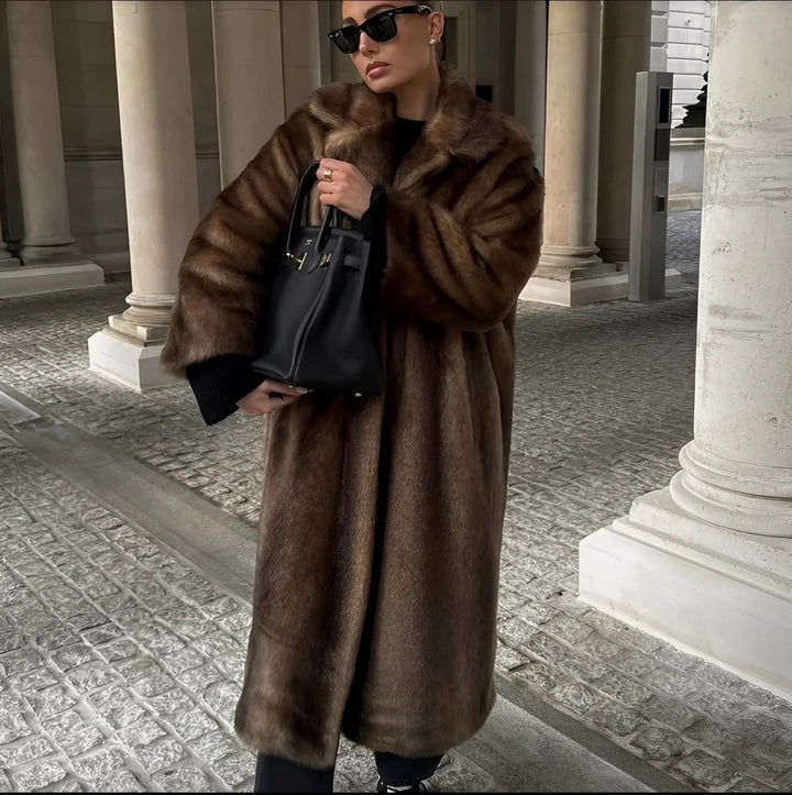 Long Brown Faux Fur Coat – Luxury Winter Overcoat