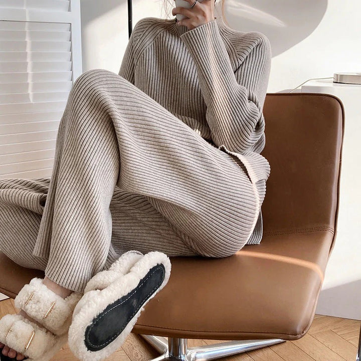 Ribbed Loungewear Set – Long Sleeve Top and Wide Leg Trousers