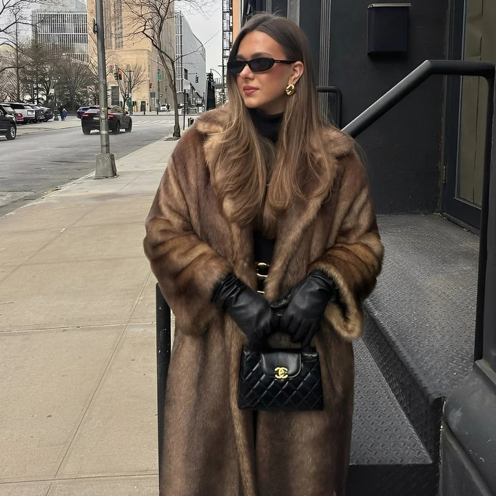 Long Brown Faux Fur Coat – Luxury Winter Overcoat