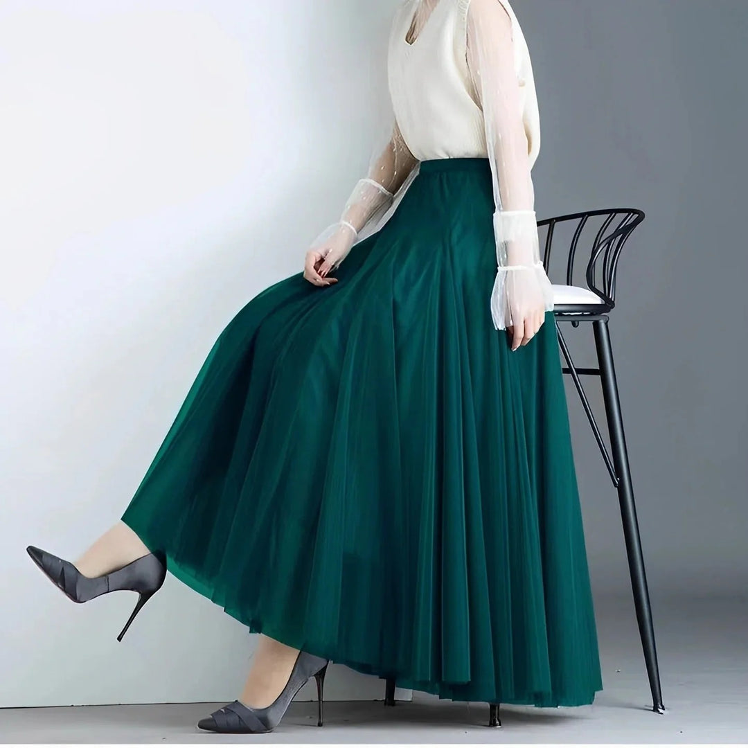 Long Pleated Tulle Skirt – Elastic Waist Maxi Skirt