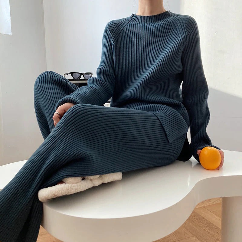 Ribbed Loungewear Set – Long Sleeve Top and Wide Leg Trousers