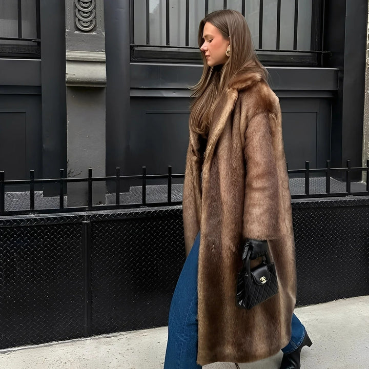 Long Brown Faux Fur Coat – Luxury Winter Overcoat