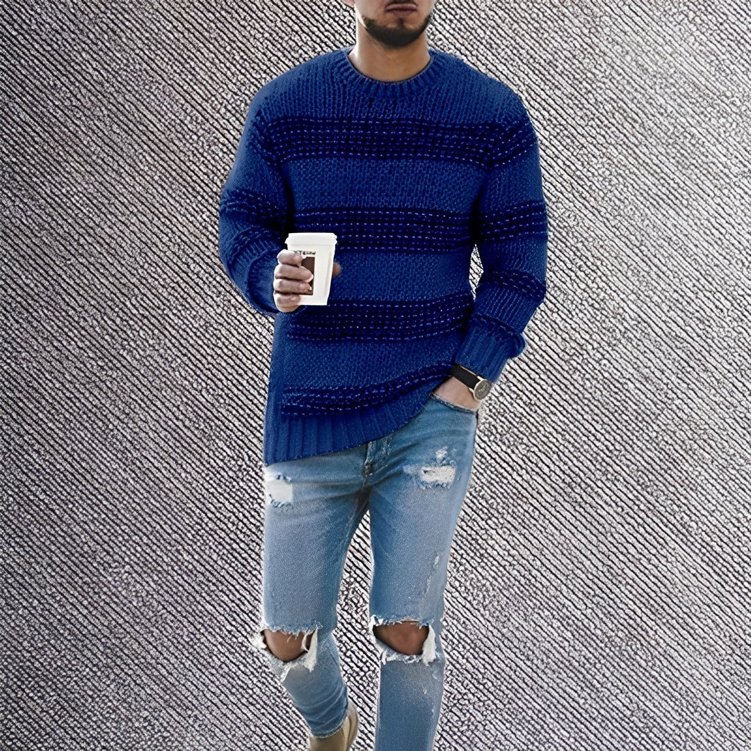Knitted Striped Jumper – Casual Crew Neck Sweater