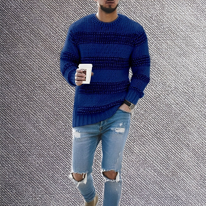Knitted Striped Jumper – Casual Crew Neck Sweater