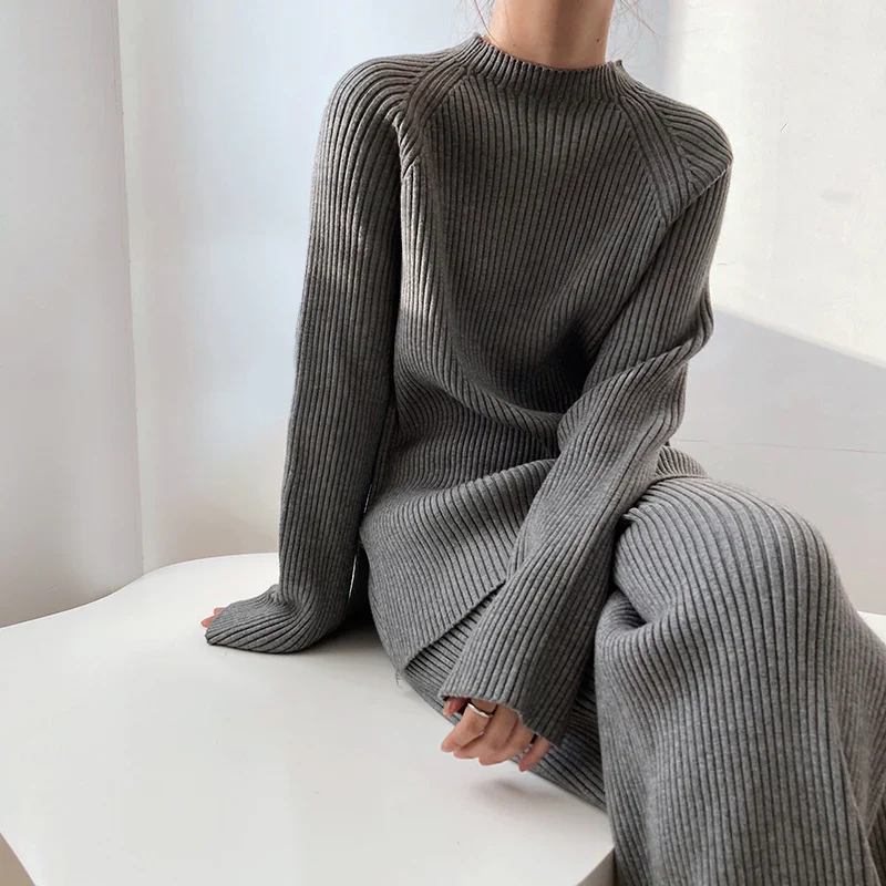 Ribbed Loungewear Set – Long Sleeve Top and Wide Leg Trousers