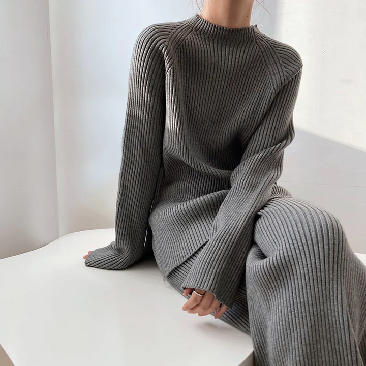 Ribbed Loungewear Set – Long Sleeve Top and Wide Leg Trousers
