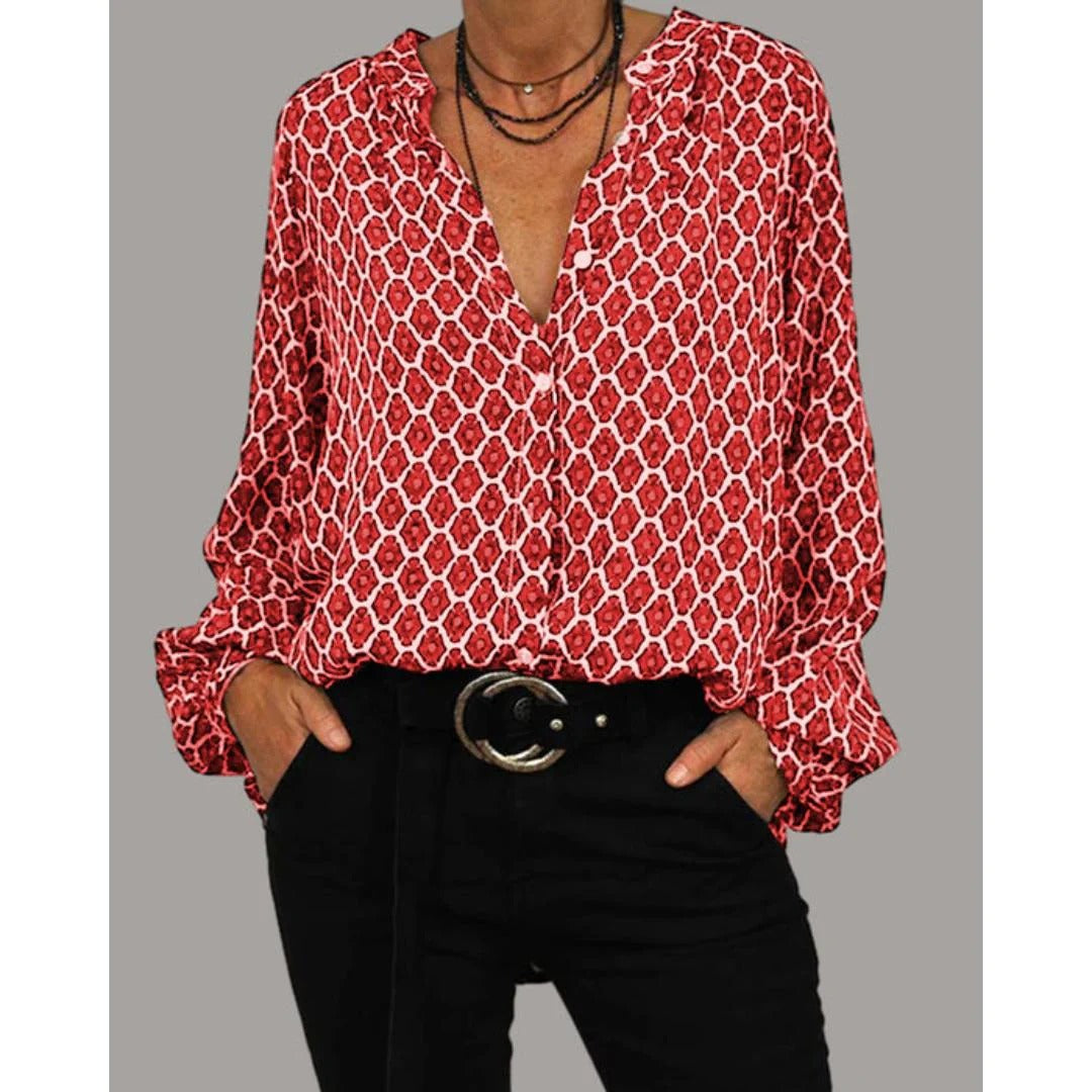 Casual Printed Blouse – Long Sleeve Loose Fit Button Down Shirt