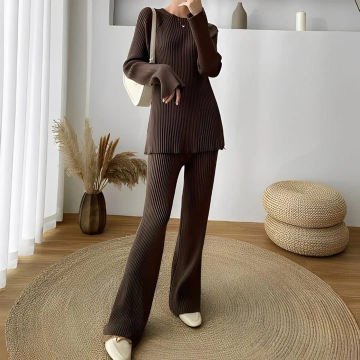 Ribbed Loungewear Set – Long Sleeve Top and Wide Leg Trousers