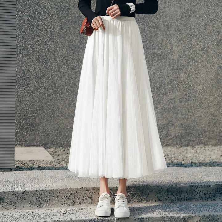 Long Pleated Tulle Skirt – Elastic Waist Maxi Skirt