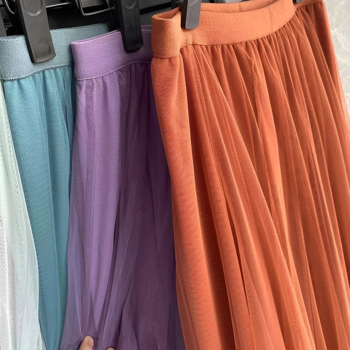 Long Pleated Tulle Skirt – Elastic Waist Maxi Skirt