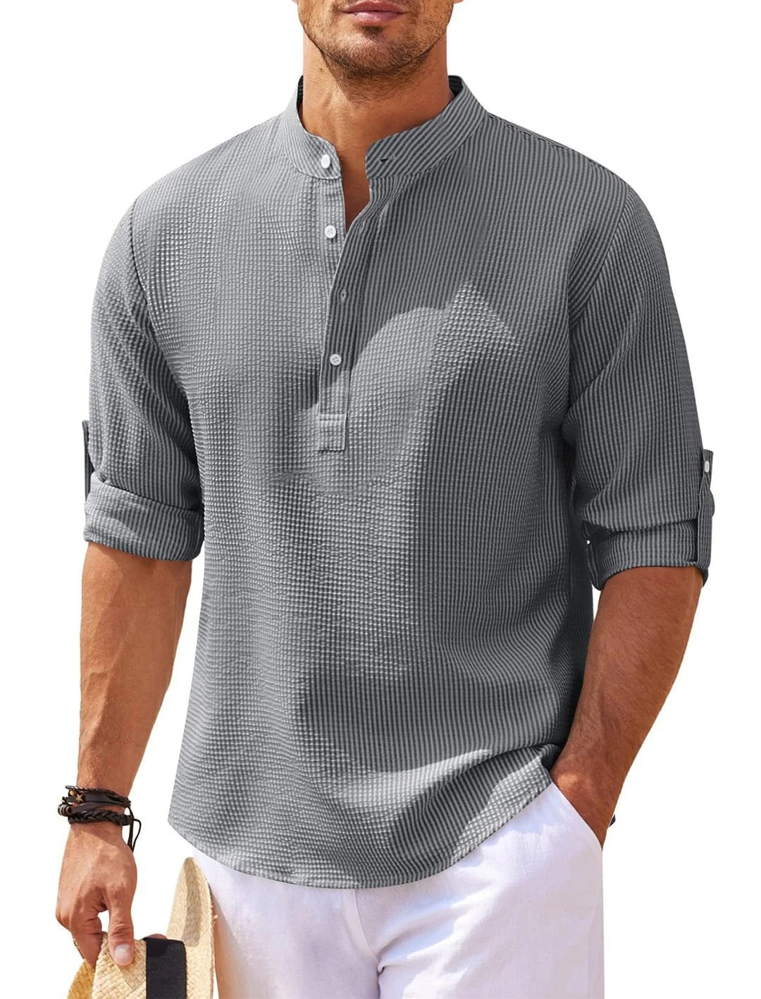 Men's Linen Sleeve Shirt – Casual Grandad Collar Top