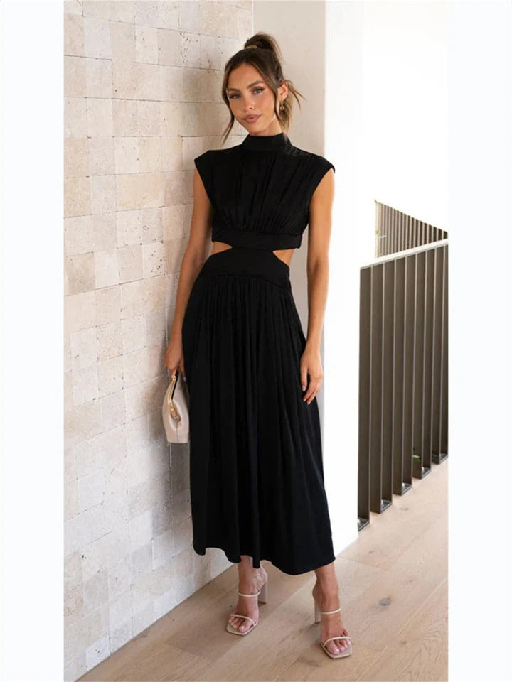 Elegant Maxi Dress with High Neck and Cut Out Waist – Formal & Evening Wear